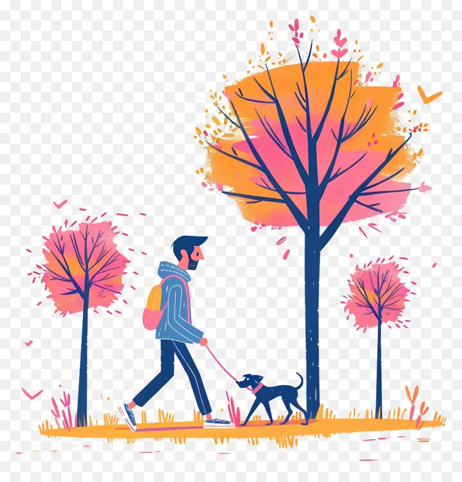 El Hombre Al Perro De Paseo，El Otoño De Parque PNG