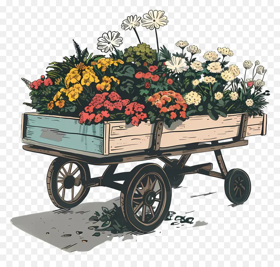 Carro Floral，Carrito De Madera PNG