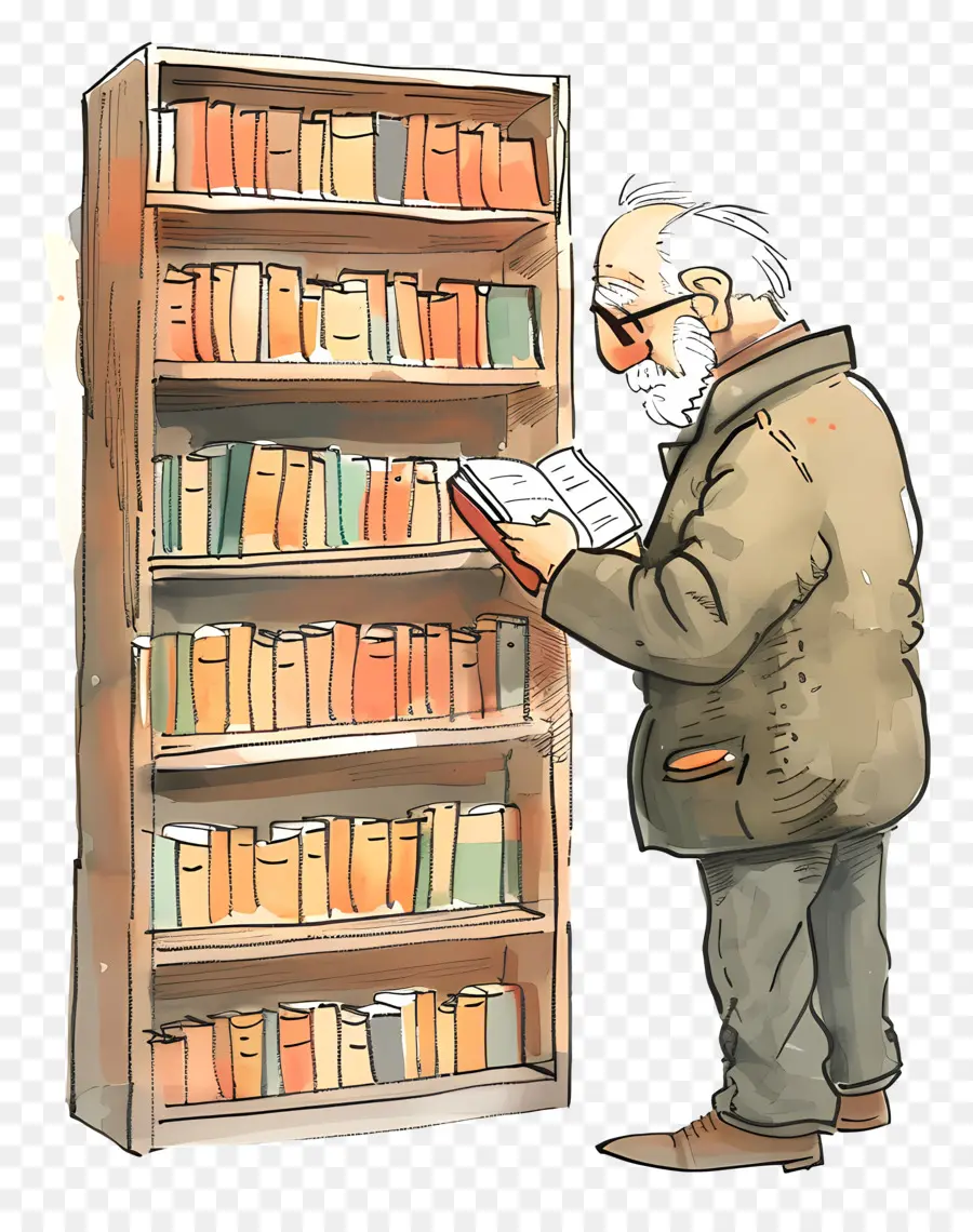 Viejo Tomando Libro，Bookshelf PNG