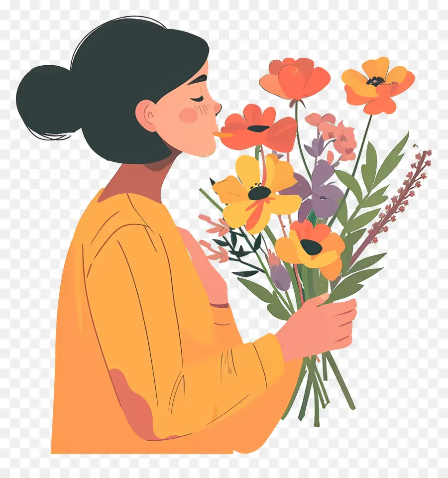 Mujer Oliendo Flores，Ramo De Flores PNG