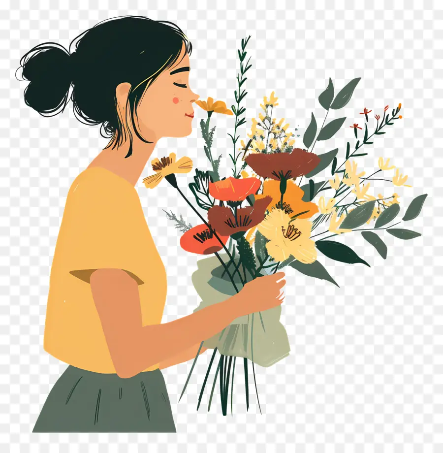 Mujer Oliendo Flores，Ramo De Flores PNG