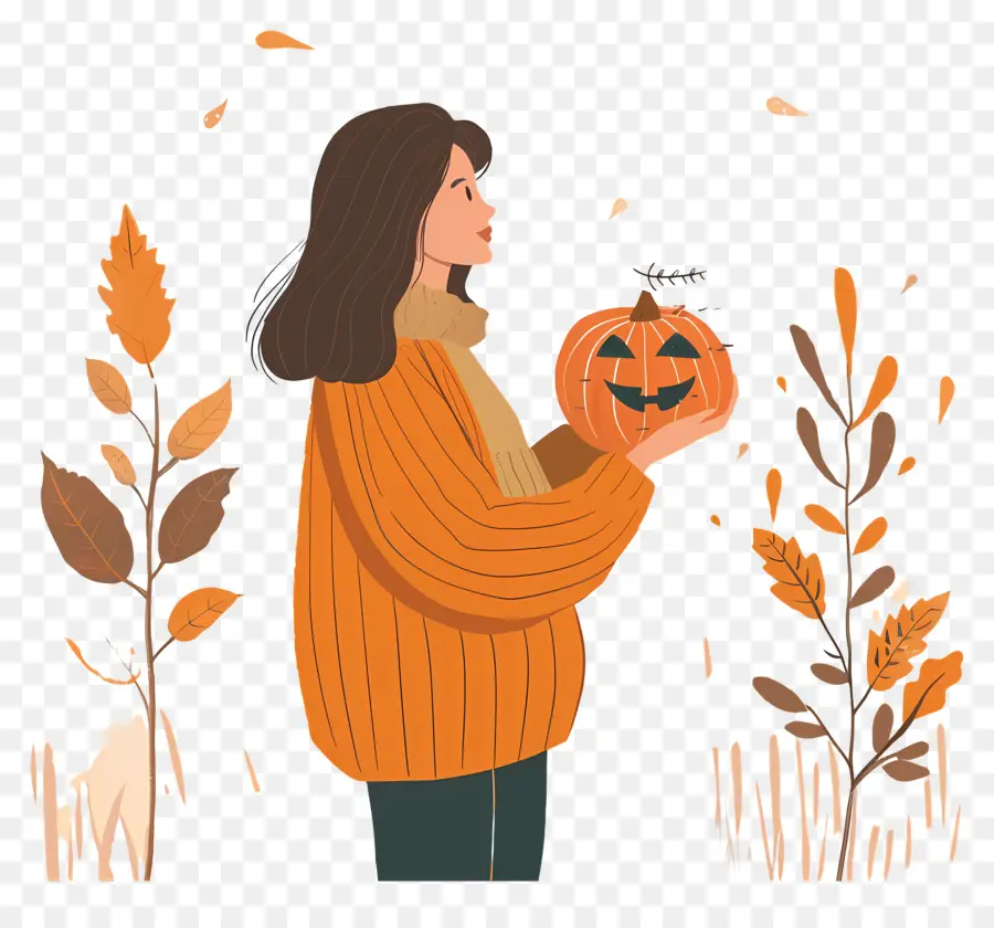 Mujer Sosteniendo La Calabaza，Halloween PNG