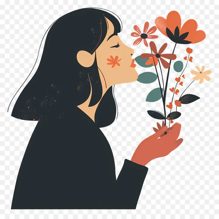 Mujer Oliendo Flores，Ramo De Flores PNG