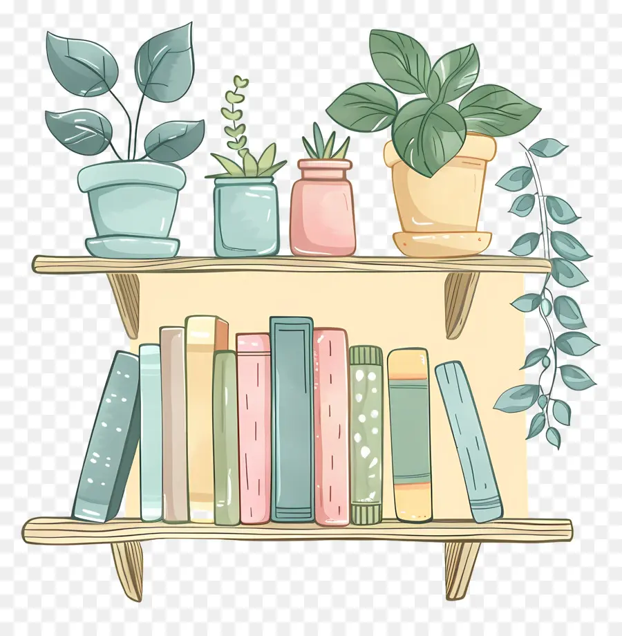 Estante Con Libros，Las Plantas De Interior PNG