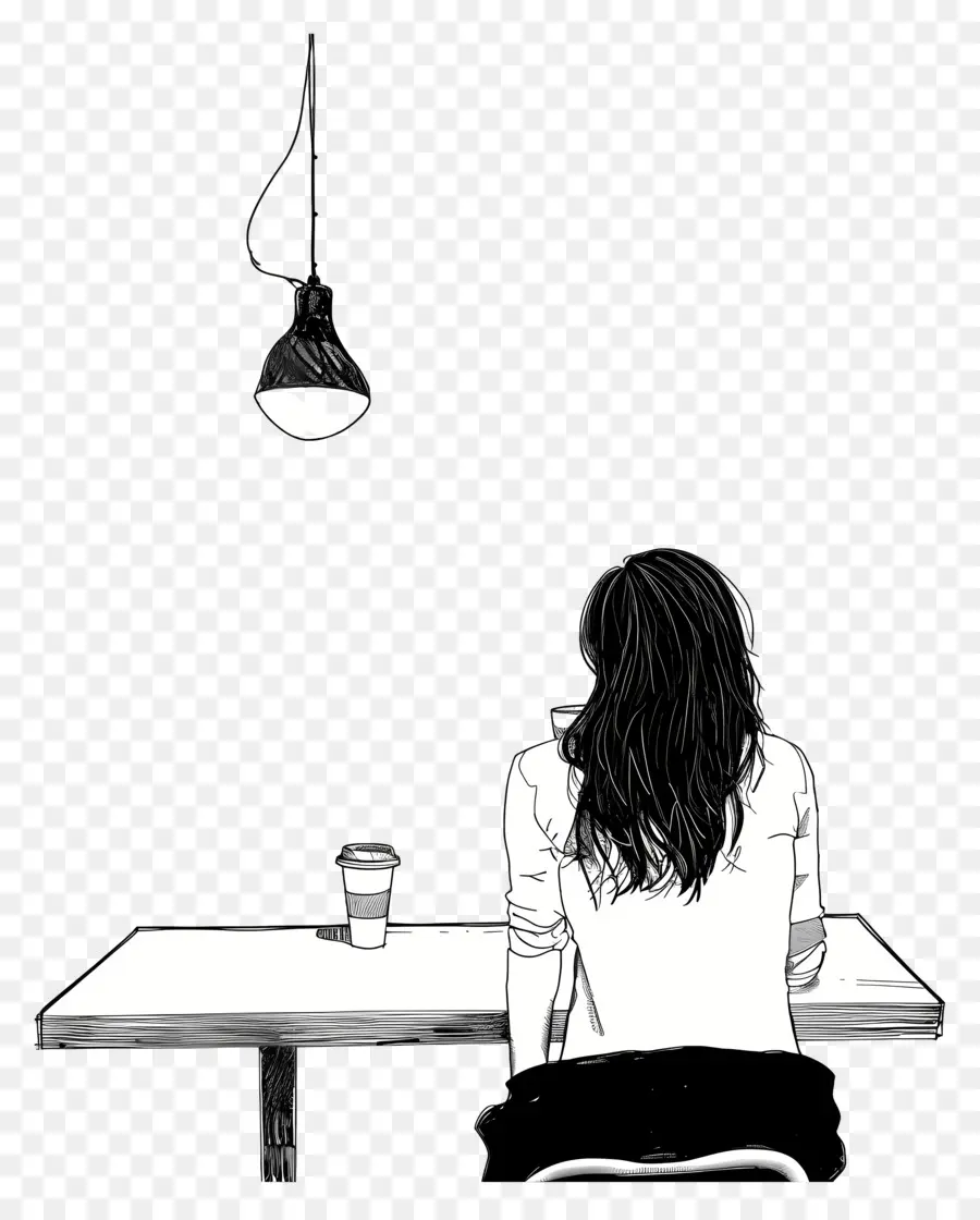 Mujer Esperando En El Café，Dibujo En Blanco Y Negro PNG