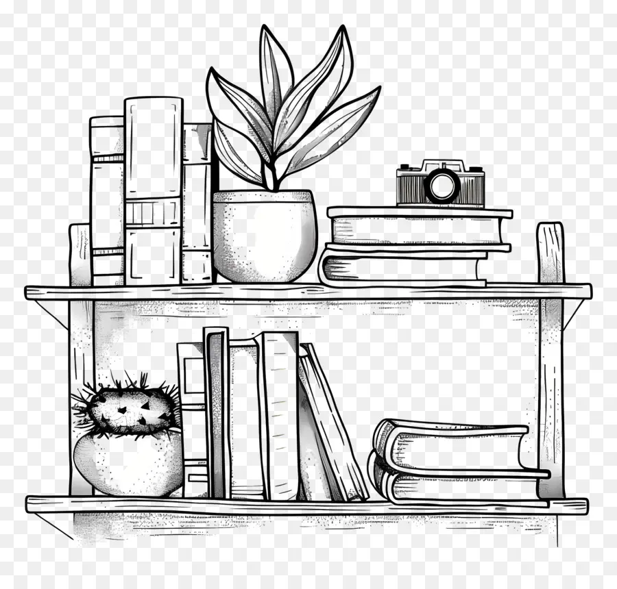 Estante Con Libros，Dibujo En Blanco Y Negro PNG