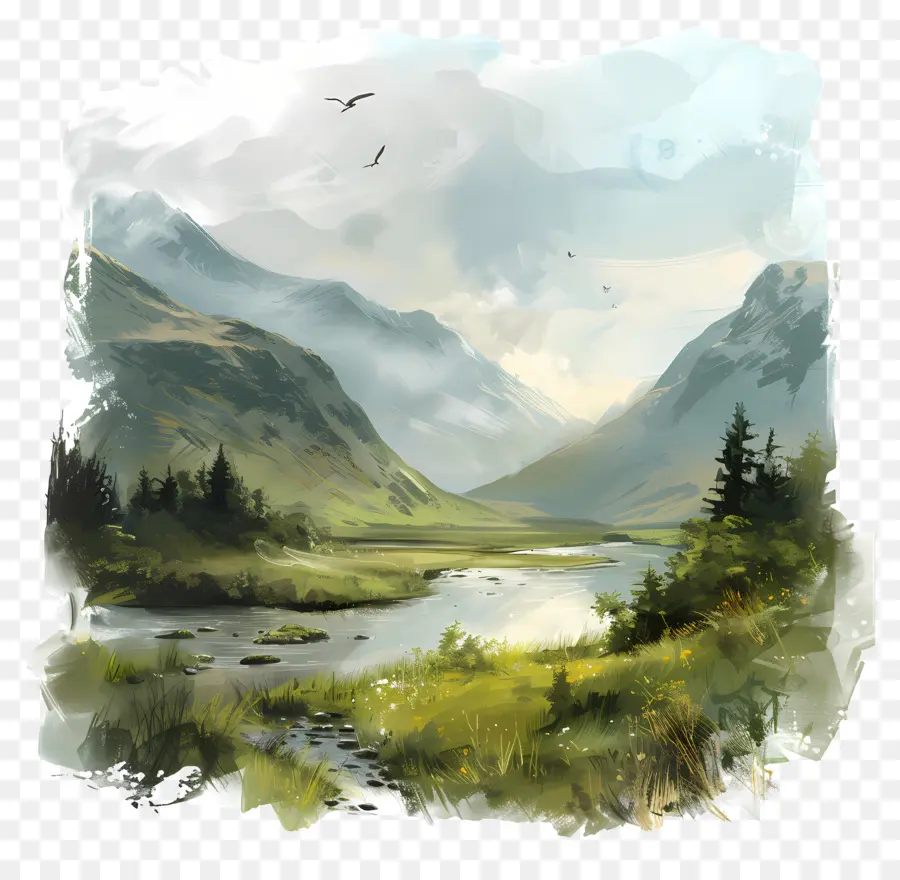 Paisaje De Las Tierras Altas，Pintura Digital PNG