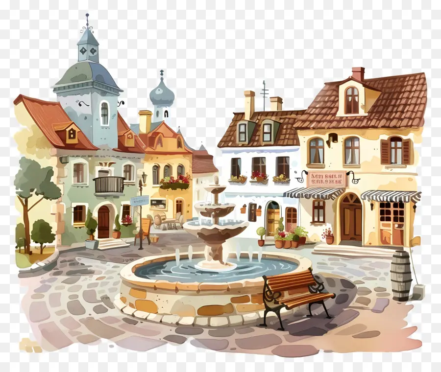 La Plaza De La Ciudad，Ilustración Acuarela PNG