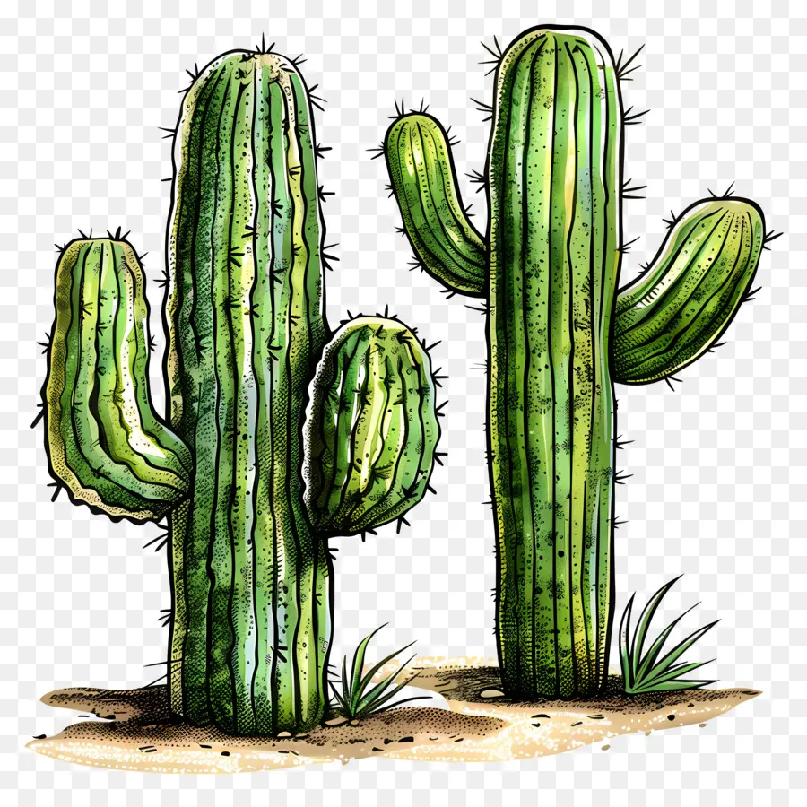 Cactus De Linocut，Cactus Verdes PNG