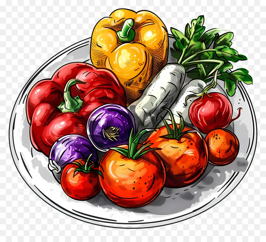 Plato Con Verduras，Vegetales Coloridos PNG