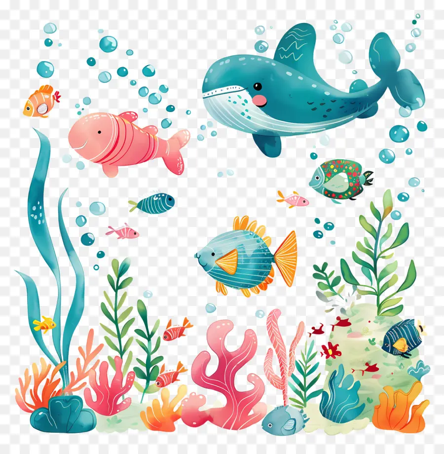 Escena Submarina，Dibujos Animados De Pescado PNG