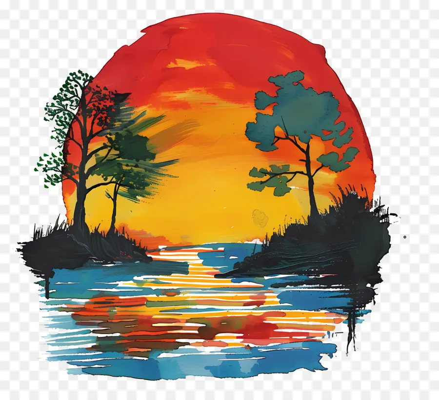 Escena Del Atardecer，Puesta De Sol De La Pintura PNG