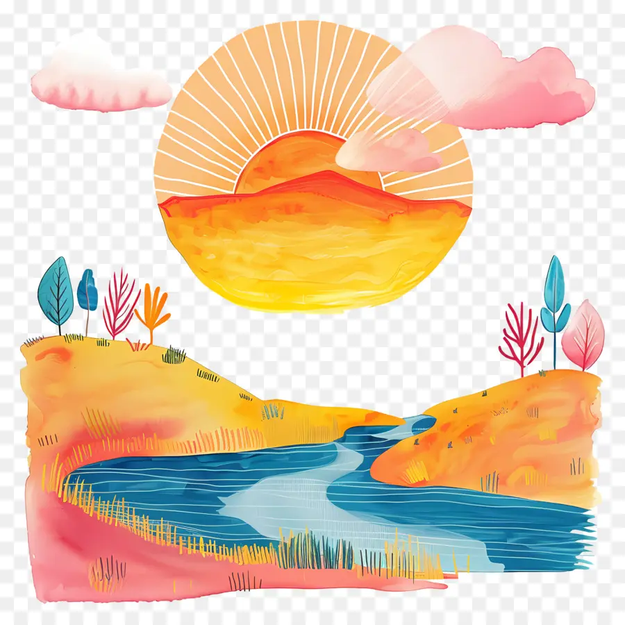 Escena Del Atardecer，Paisaje Al Atardecer PNG