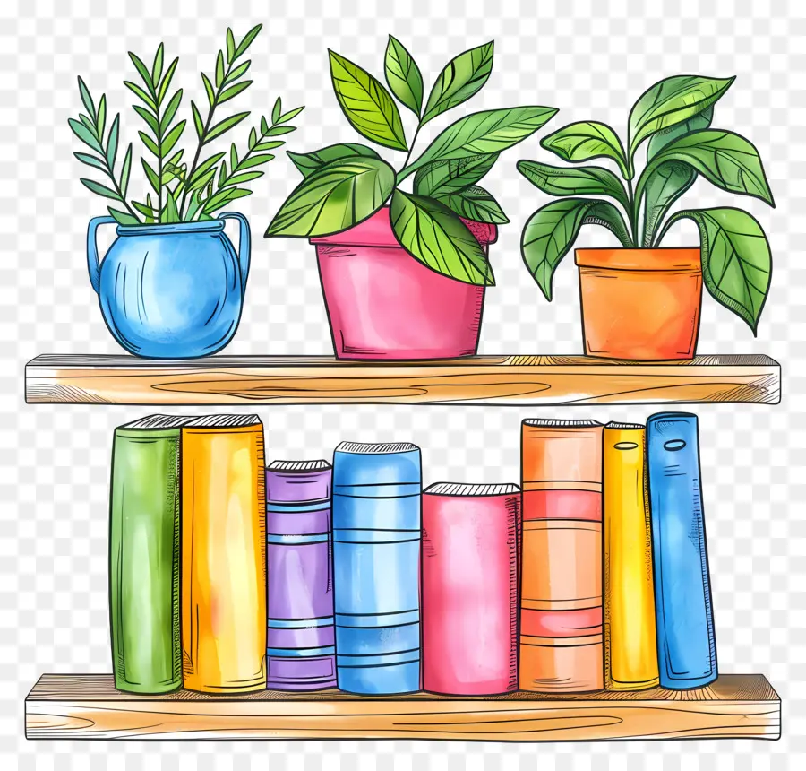 Muebles De Estante，Libros Y Plantas PNG