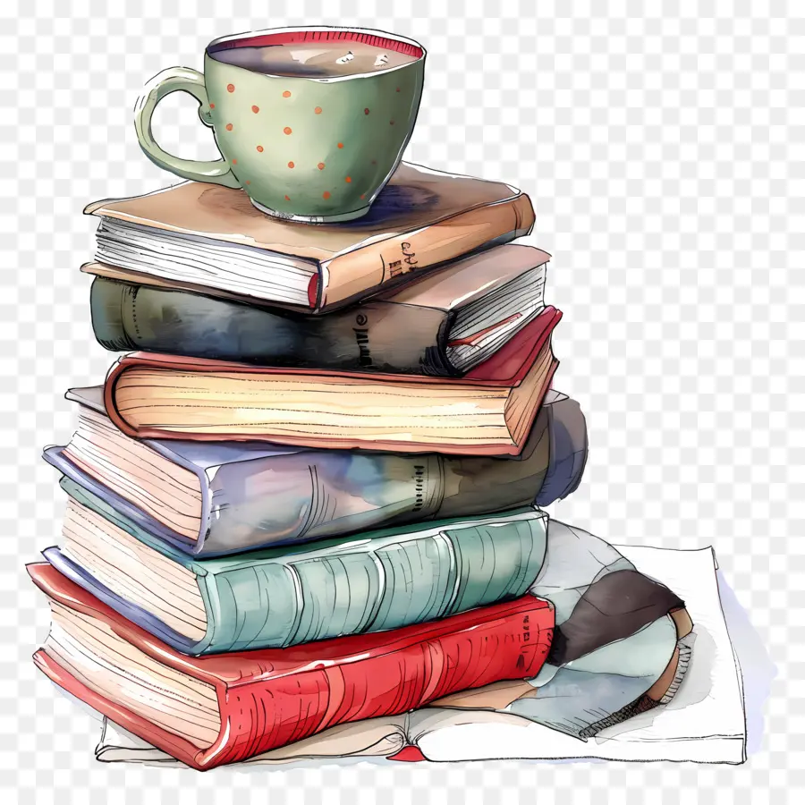 Pila De Libros，Libros Y Taza PNG