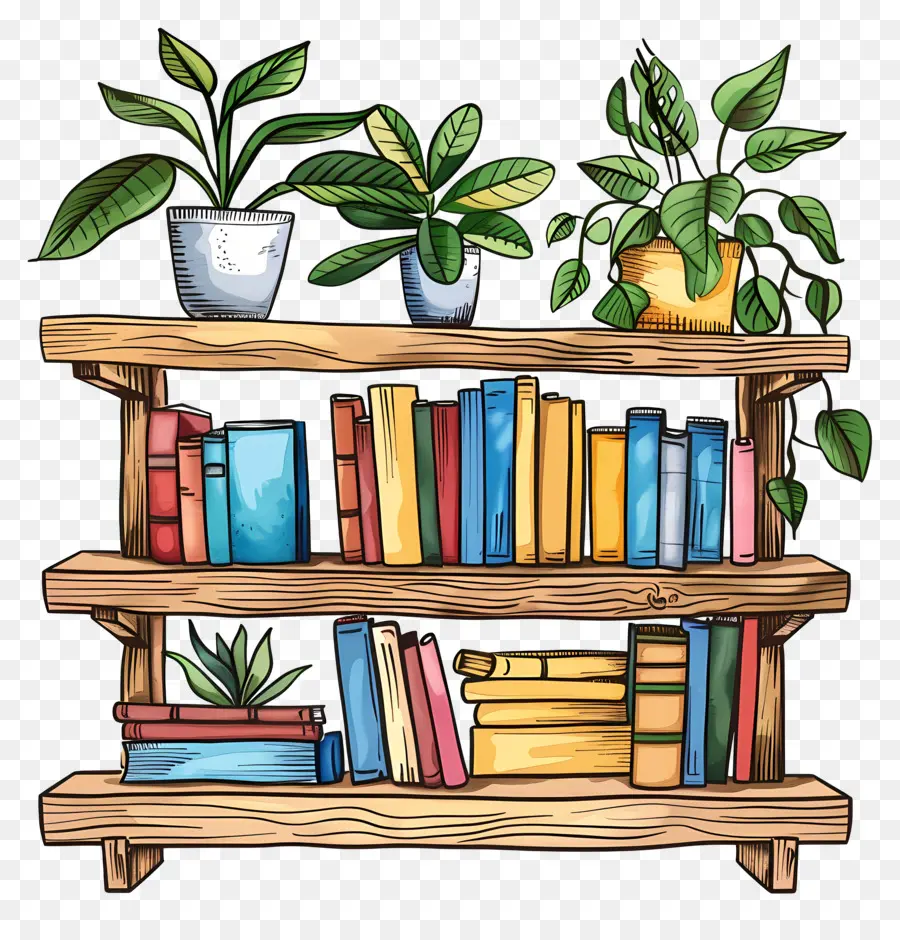 Muebles De Estante，Libros Y Plantas PNG