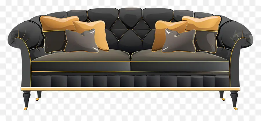 Sofá Con Almohadas，Sofá Negro Y Dorado PNG