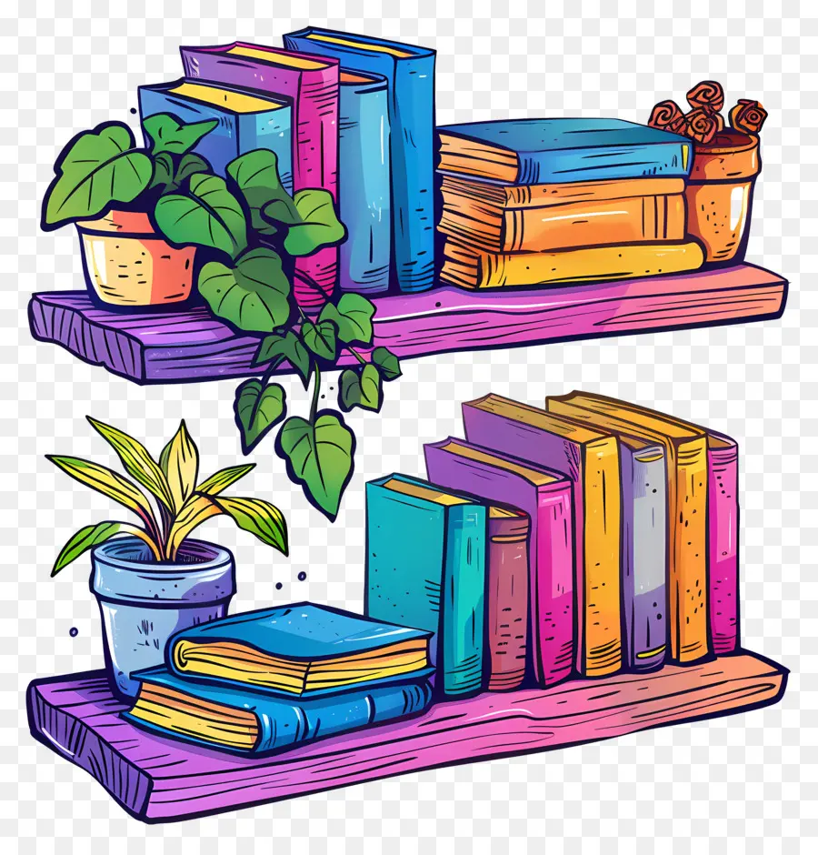 Muebles De Estantería，Libros Y Plantas PNG