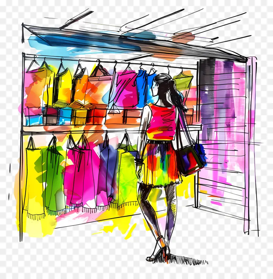 Mujer En La Tienda De Moda，Ropa Colorida PNG