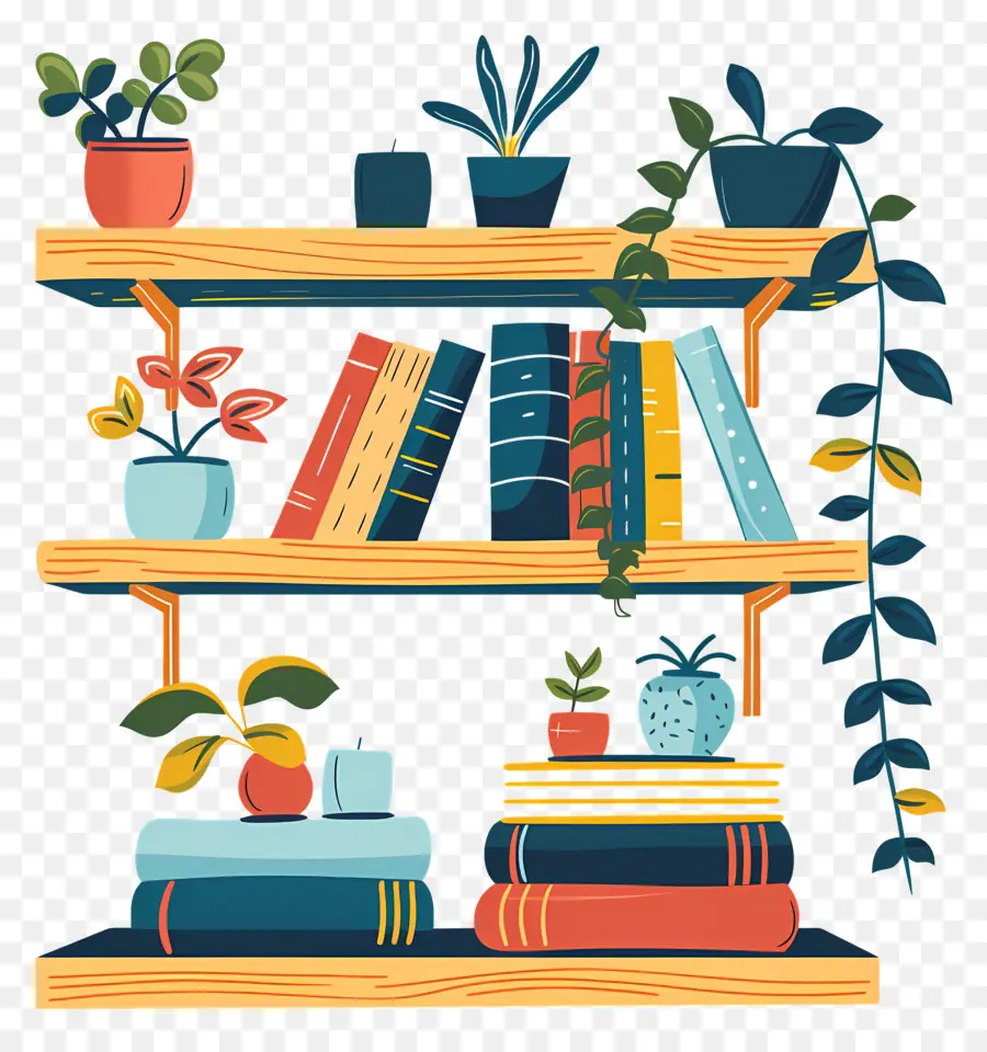 Muebles De Estante，Libros Y Plantas PNG