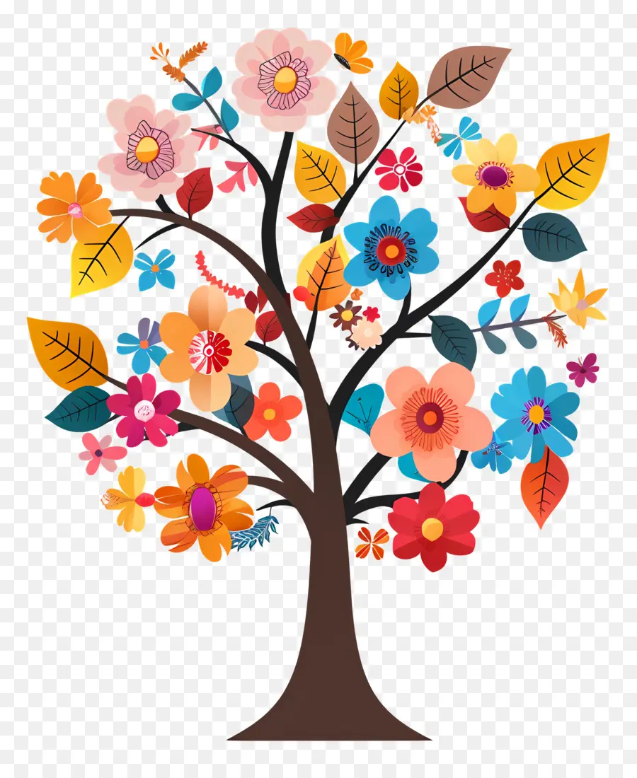 árbol De Dibujos Animados，Árbol Colorido Con Mariposas PNG