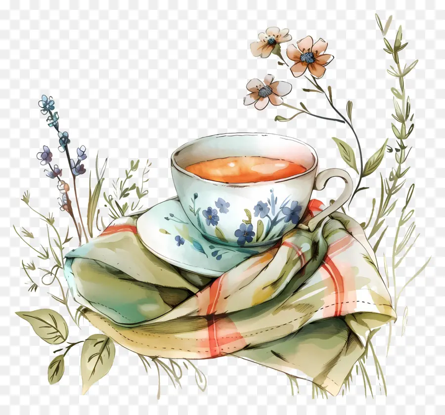 El Té Negro，Taza De Té Con Flores PNG