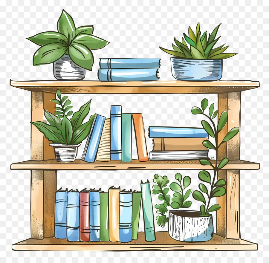 Muebles De Estantería，Libros Y Plantas PNG