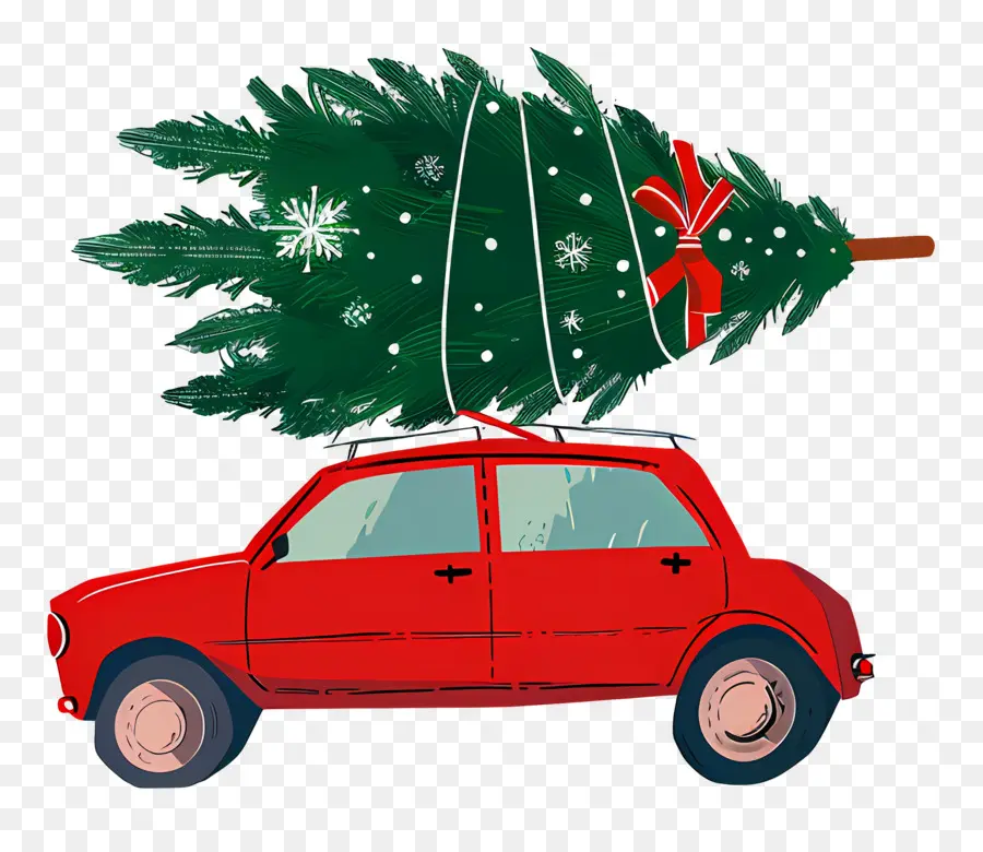 Árbol De Navidad En El Coche，Coche Rojo PNG