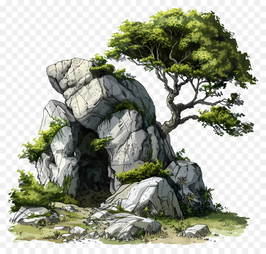 Roca De Cueva，Rock Con árbol PNG