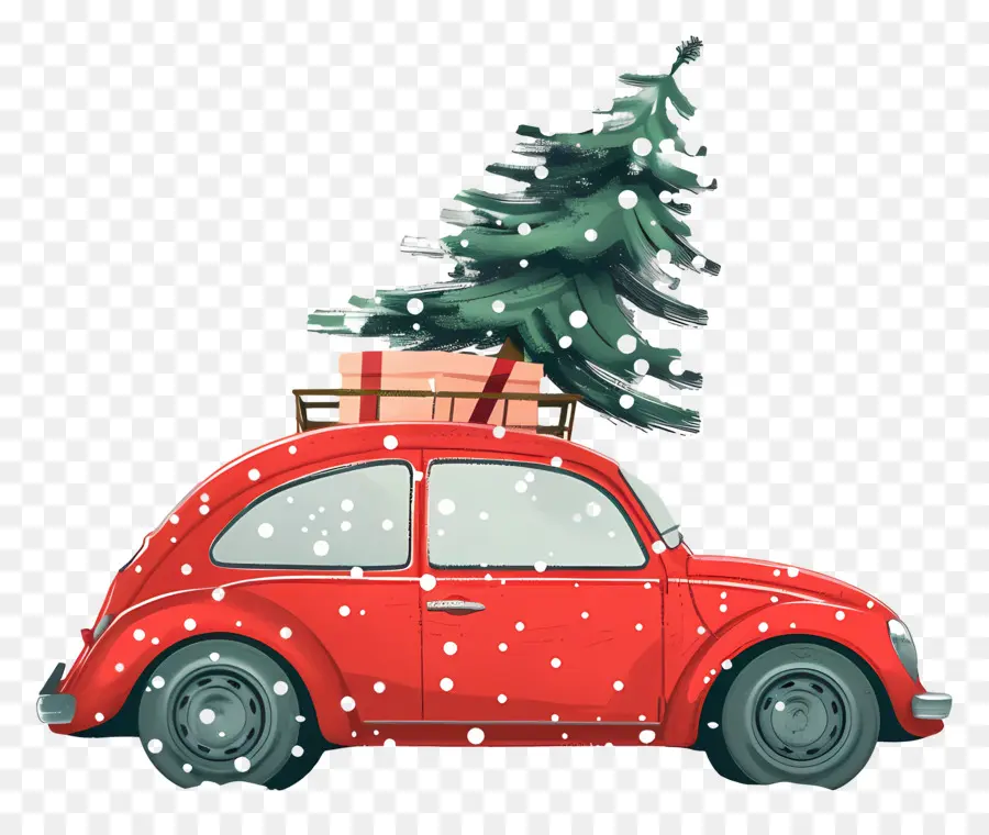 Árbol De Navidad En El Coche，Coche Rojo PNG