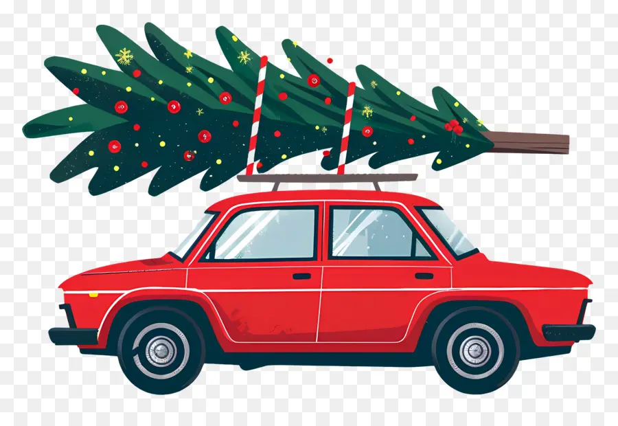 Árbol De Navidad En El Coche，Coche Rojo Con árbol De Navidad PNG