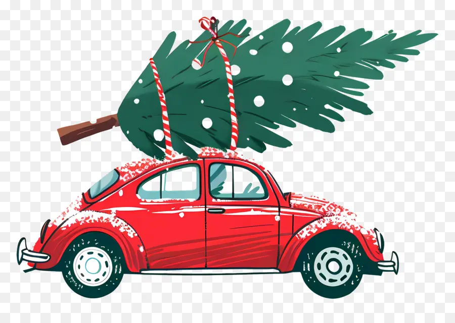 Árbol De Navidad En El Coche，Coche Rojo PNG