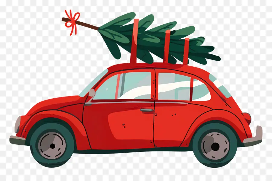 Árbol De Navidad En El Coche，Coche Rojo PNG