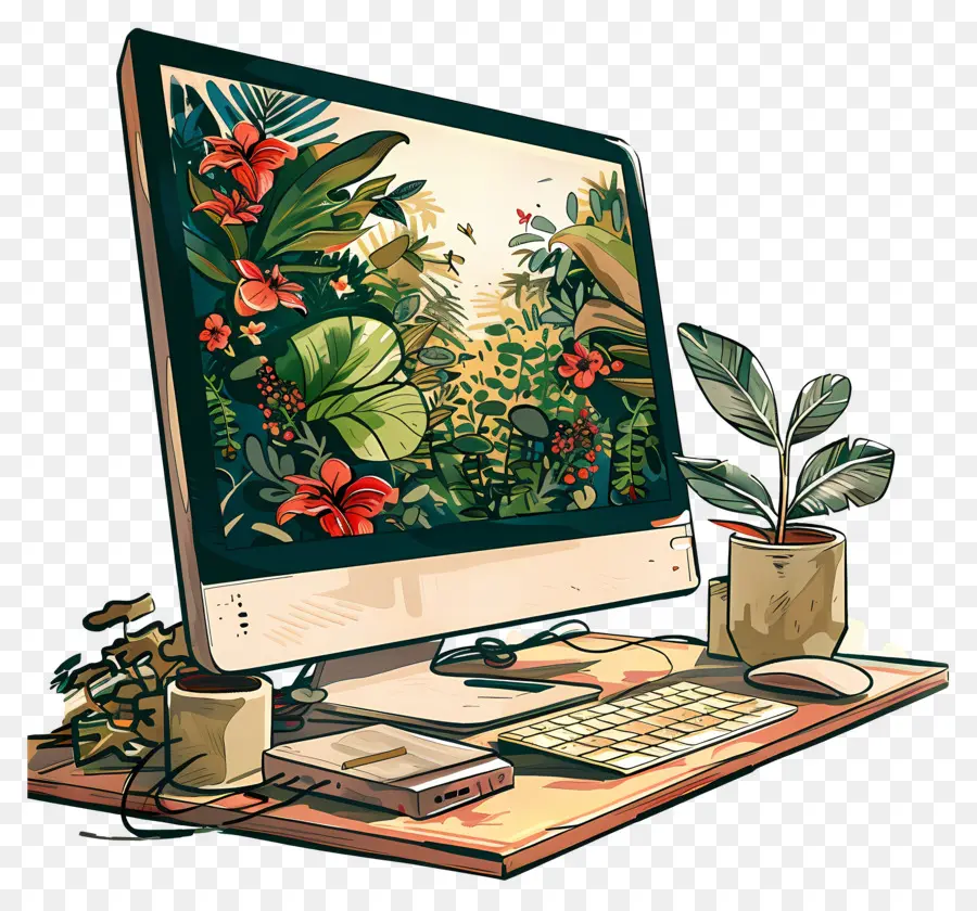 Monitor De La Computadora，Computadora Con Plantas PNG