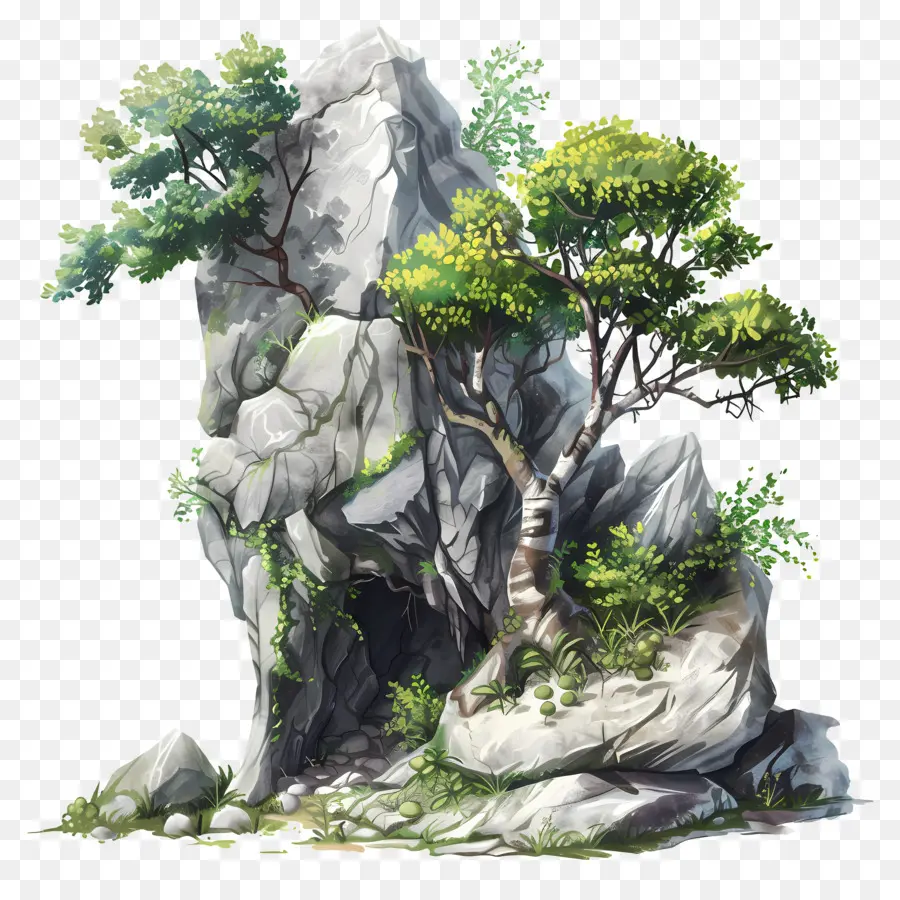 Roca De Cueva，Rock Con árbol PNG