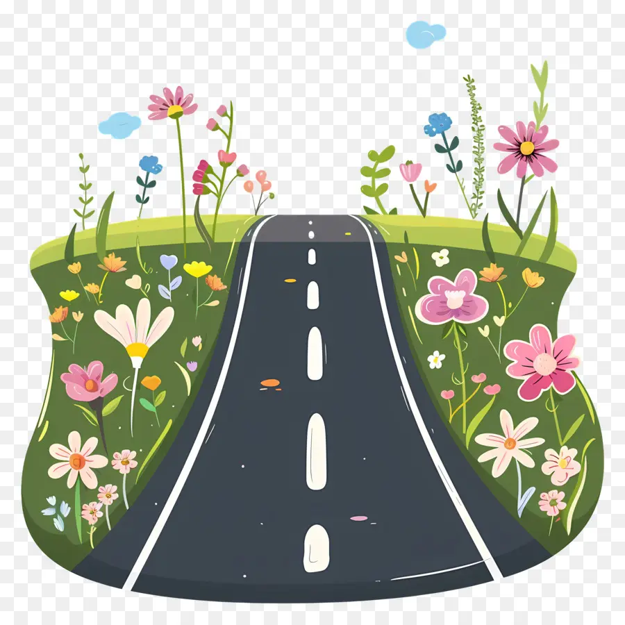 Carretera De Asfalto，Camino Con Flores PNG