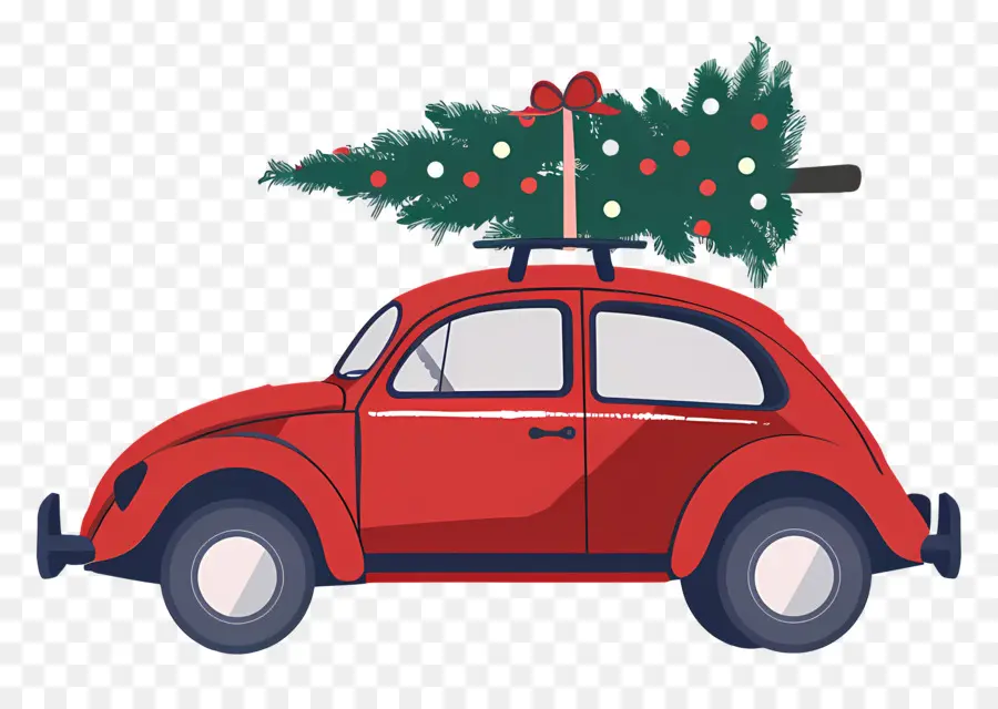 árbol De Navidad En Coche，Coche Rojo PNG