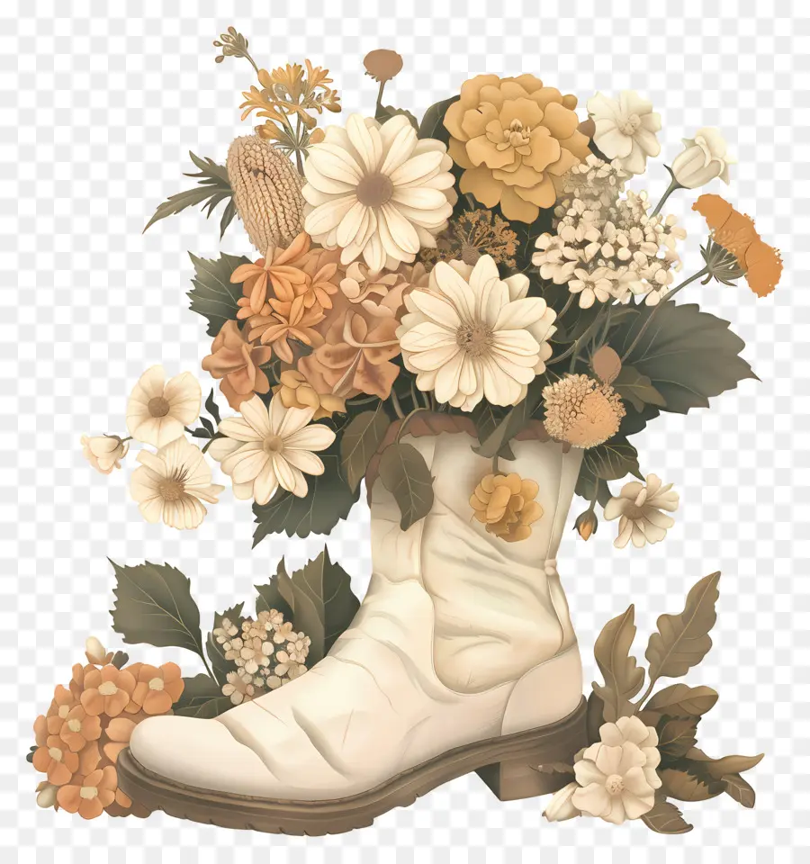 Flores En La Bota，Bota Blanca Con Flores PNG