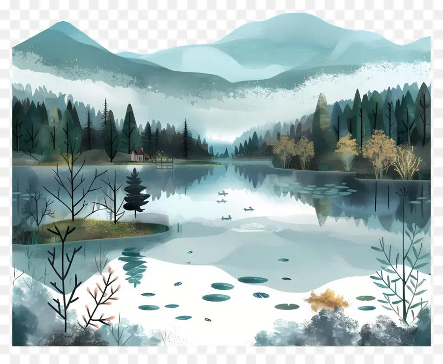 Mañana Misty Lake Misty，Paisaje PNG