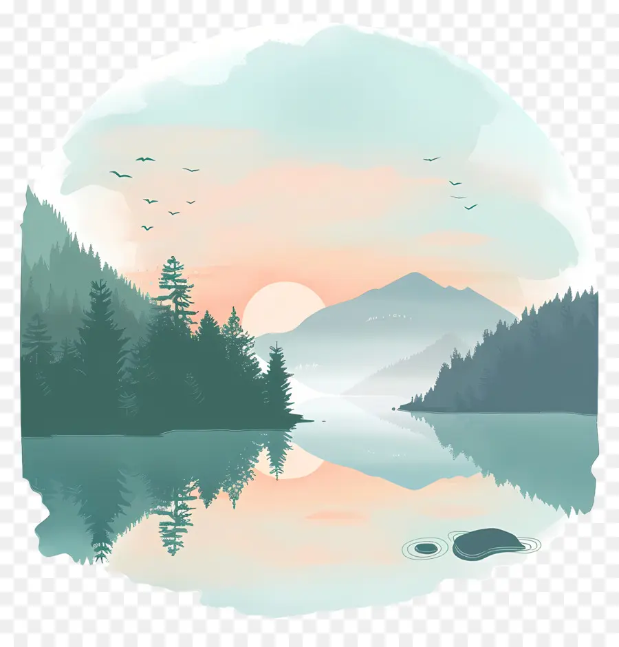 Lakeside，Paisaje Al Atardecer PNG