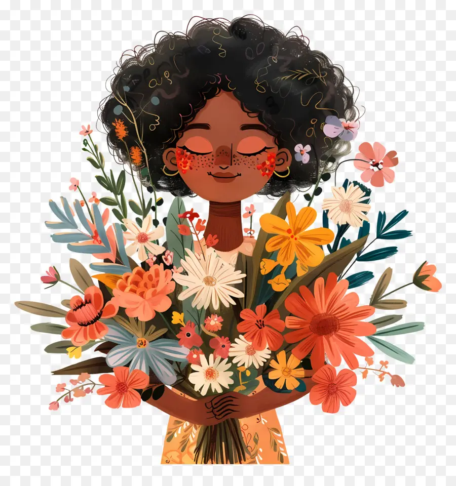 Mujer Sosteniendo Un Ramo，Niña Con Flores PNG