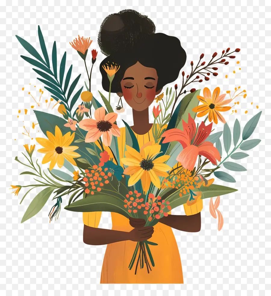 Mujer Sosteniendo Un Ramo，Mujer Con Flores PNG