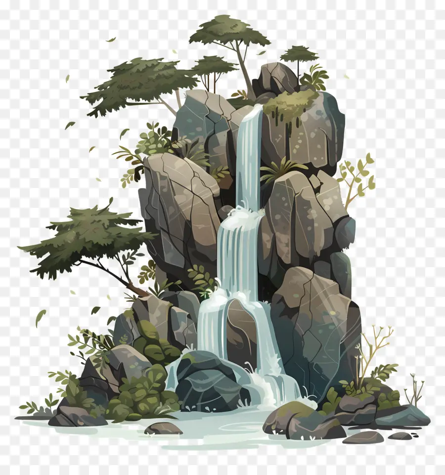 Bosque Con Cascada，Ilustración De Cascada PNG