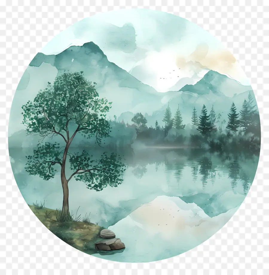 Mañana Misty Lake Misty，Paisaje PNG