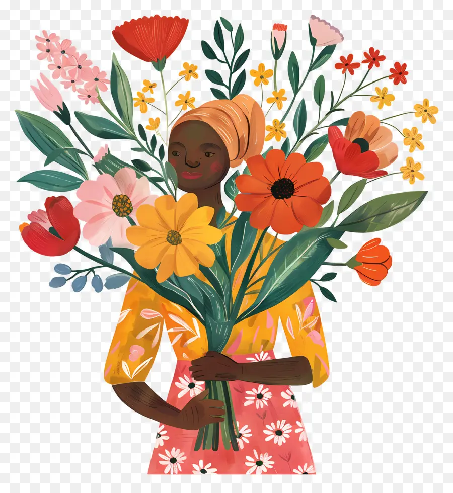 Mujer Sosteniendo Un Ramo，Mujer Con Flores PNG