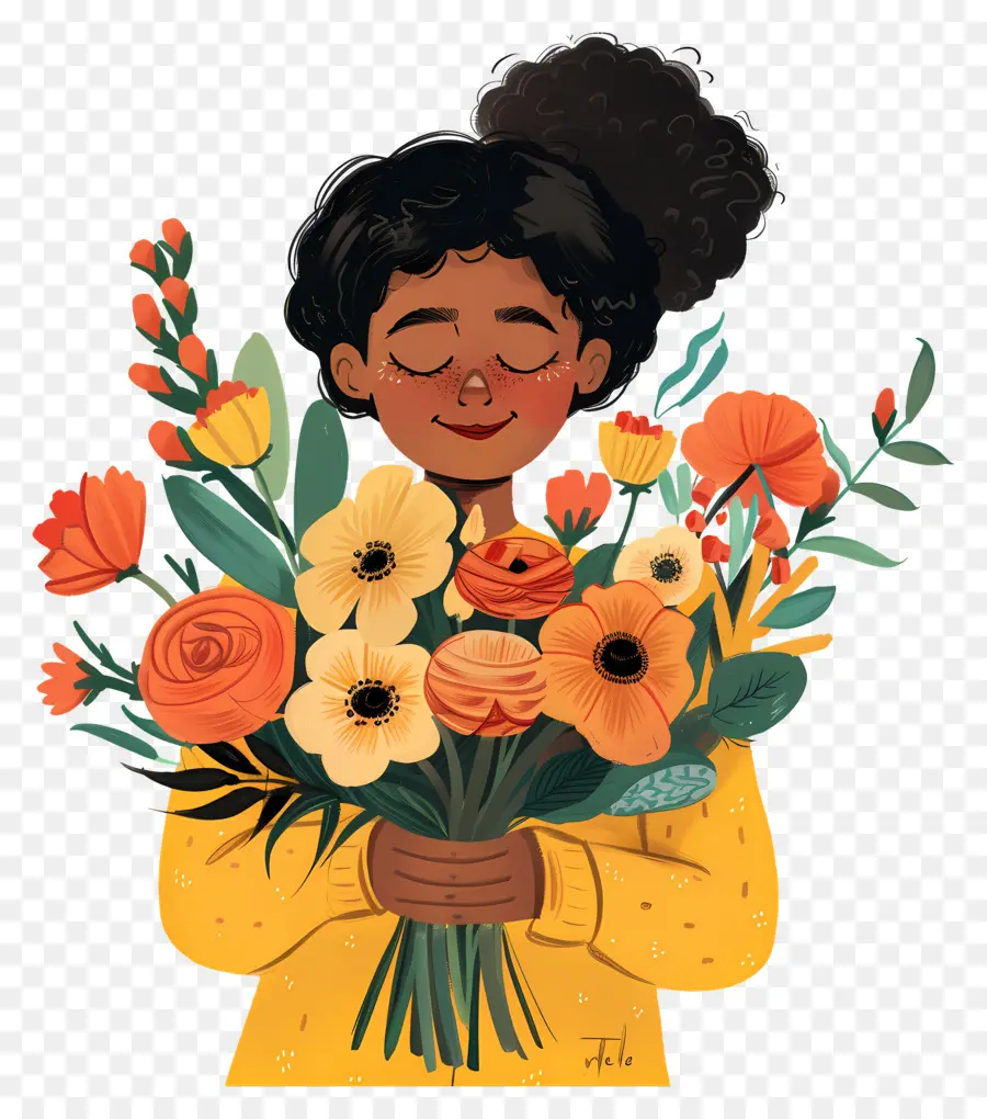 Mujer Sosteniendo Un Ramo，Niña Con Flores PNG