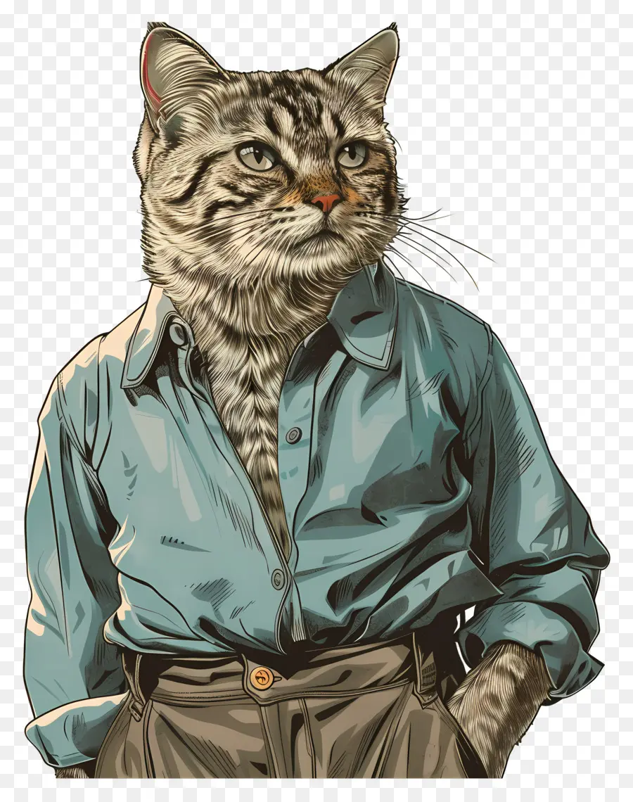 Gato De Dibujos Animados，Gato En Camisa Azul PNG