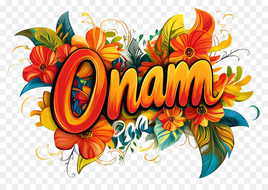 Onam，Texto Onam Con Flores PNG