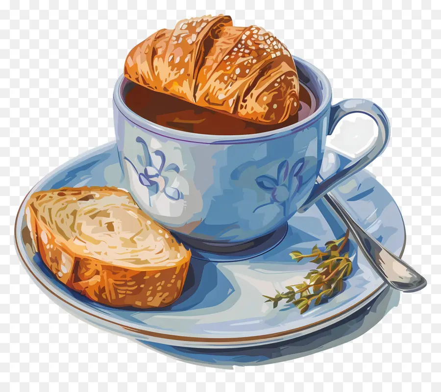 Té Y Pan，Taza Con Pan Y Croissant PNG