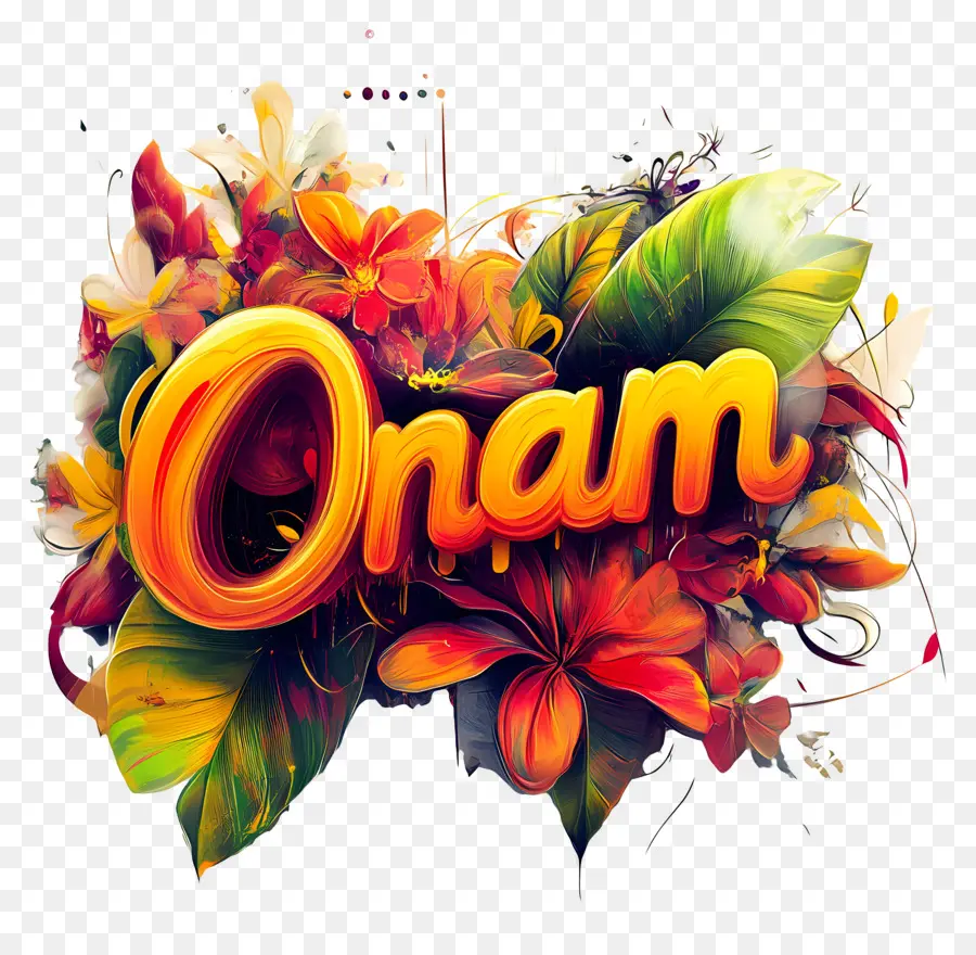 Onam，Texto Onam Con Fondo Floral PNG